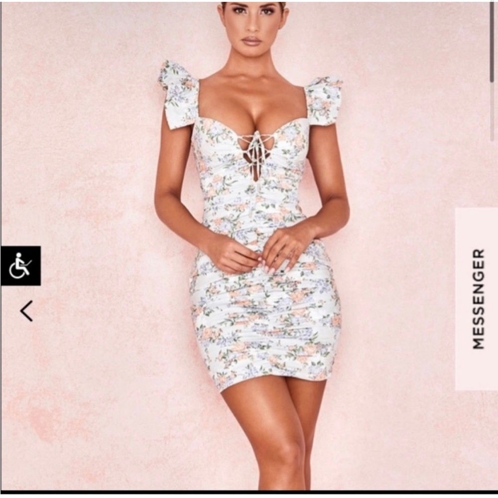 House of CB Dress Kara Floral Ruched Cotton Ruffle Mini Dress